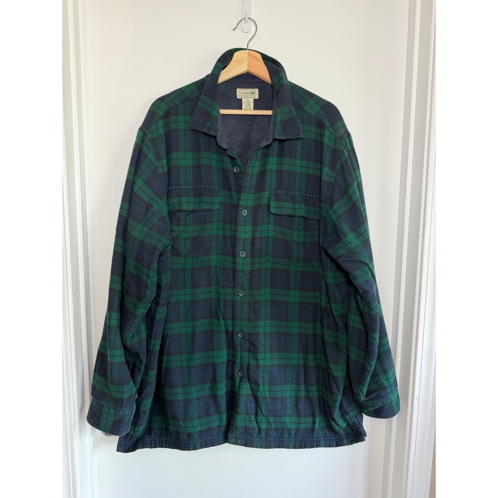 LL Bean‎ Mens XL Fleece Lined Flannel Shirt Jacket Black Watch Plaid Green